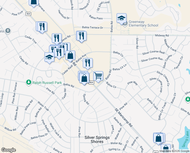 map of restaurants, bars, coffee shops, grocery stores, and more near 7565-7579 Southeast Maricamp Road in Ocala