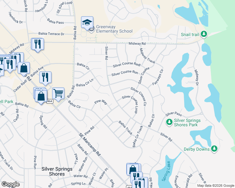 map of restaurants, bars, coffee shops, grocery stores, and more near 541 Silver Course Circle in Ocala