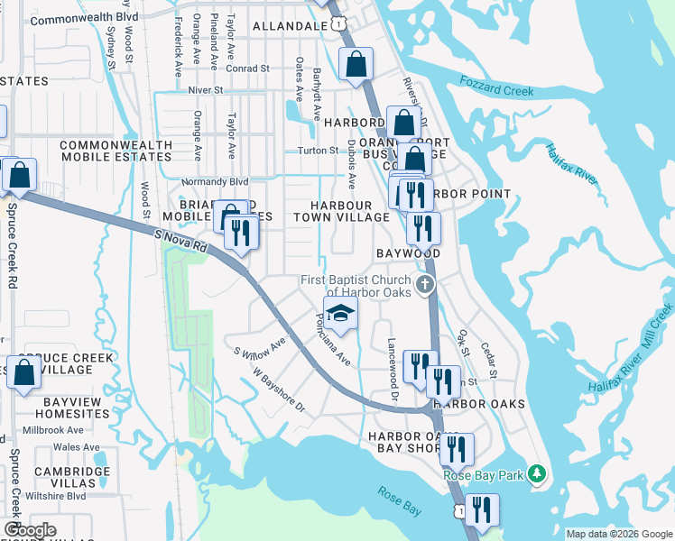 map of restaurants, bars, coffee shops, grocery stores, and more near 210 Farmbrook Road in Port Orange