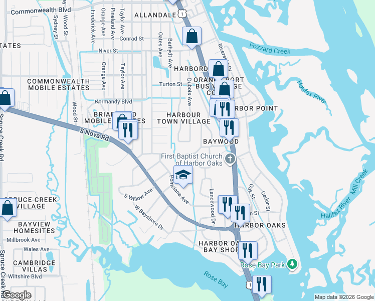 map of restaurants, bars, coffee shops, grocery stores, and more near 210 Farmbrook Road in Port Orange
