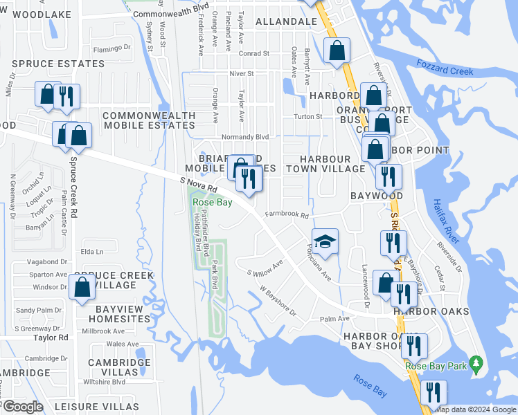map of restaurants, bars, coffee shops, grocery stores, and more near 5695 Isabelle Avenue in Port Orange