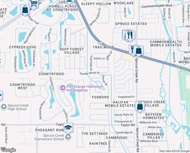 map of restaurants, bars, coffee shops, grocery stores, and more near 629 Crown Lane in Port Orange