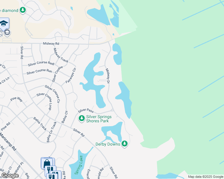 map of restaurants, bars, coffee shops, grocery stores, and more near 620 Midway Drive in Ocala