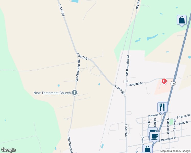 map of restaurants, bars, coffee shops, grocery stores, and more near 250 Fm 766 in Cuero