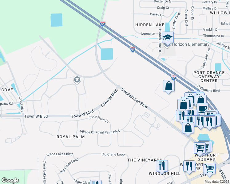 map of restaurants, bars, coffee shops, grocery stores, and more near Town West Boulevard in Port Orange