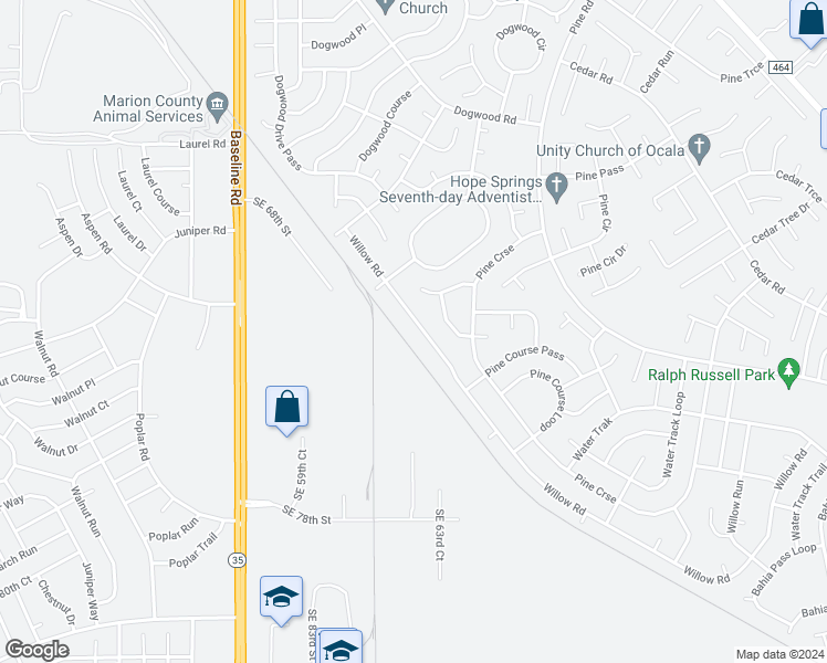 map of restaurants, bars, coffee shops, grocery stores, and more near 36 Willow Road in Ocala