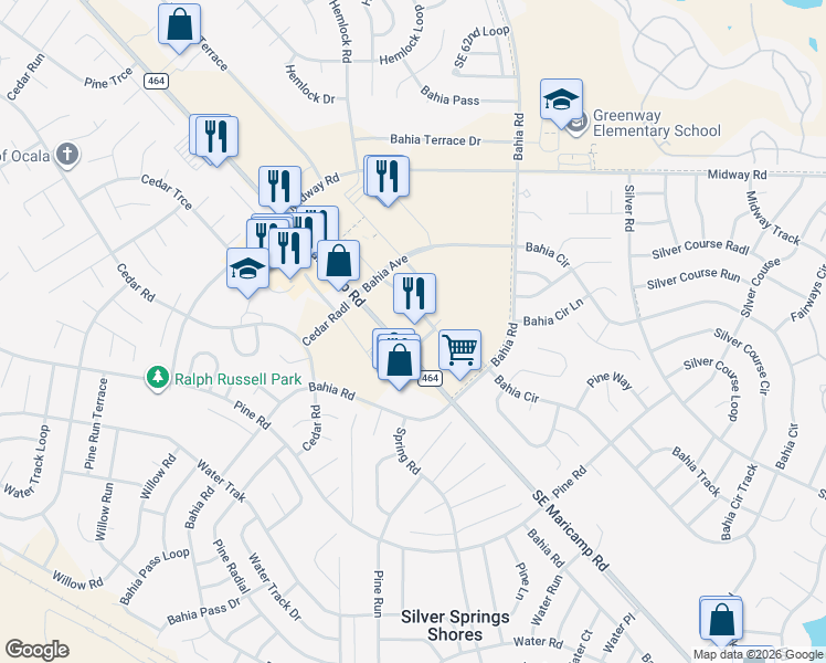 map of restaurants, bars, coffee shops, grocery stores, and more near 7565 Southeast Maricamp Road in Ocala