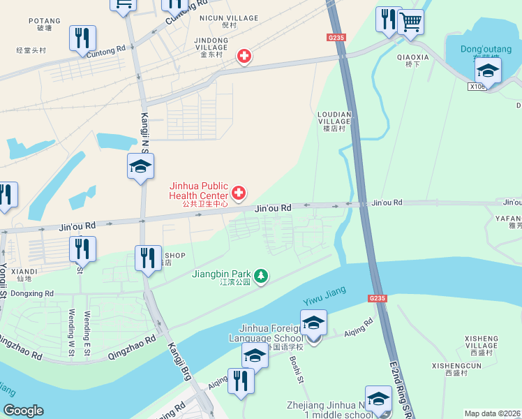 map of restaurants, bars, coffee shops, grocery stores, and more near Jin Ou Lu in Jin Hua Shi