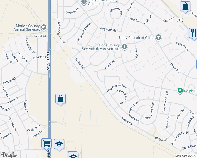 map of restaurants, bars, coffee shops, grocery stores, and more near 19 Pine Course Trce in Ocala