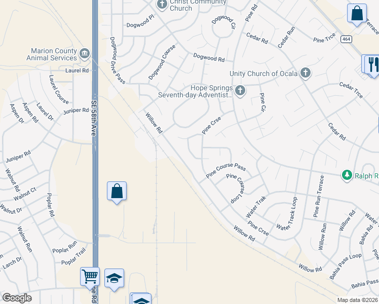 map of restaurants, bars, coffee shops, grocery stores, and more near 19 Pine Course Trce in Ocala