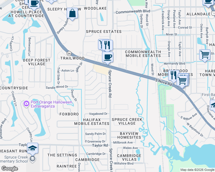 map of restaurants, bars, coffee shops, grocery stores, and more near 5055 Spruce Creek Road in Port Orange
