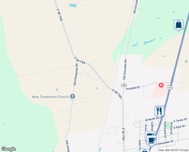 map of restaurants, bars, coffee shops, grocery stores, and more near 250 Fm 766 in Cuero