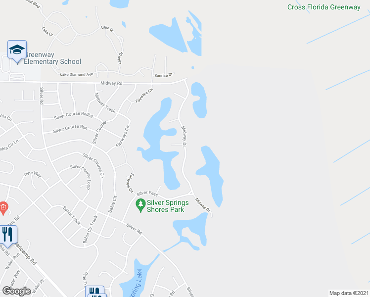 map of restaurants, bars, coffee shops, grocery stores, and more near Midway Drive in Ocala
