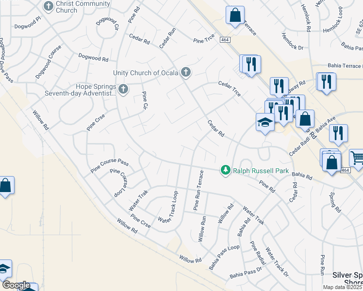 map of restaurants, bars, coffee shops, grocery stores, and more near 11 Pine Course Drive in Ocala