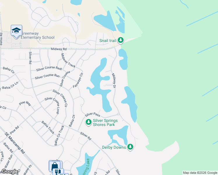 map of restaurants, bars, coffee shops, grocery stores, and more near 597 Midway Drive in Ocala