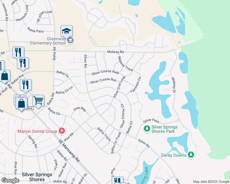 map of restaurants, bars, coffee shops, grocery stores, and more near 323 Bahia Circle in Ocala
