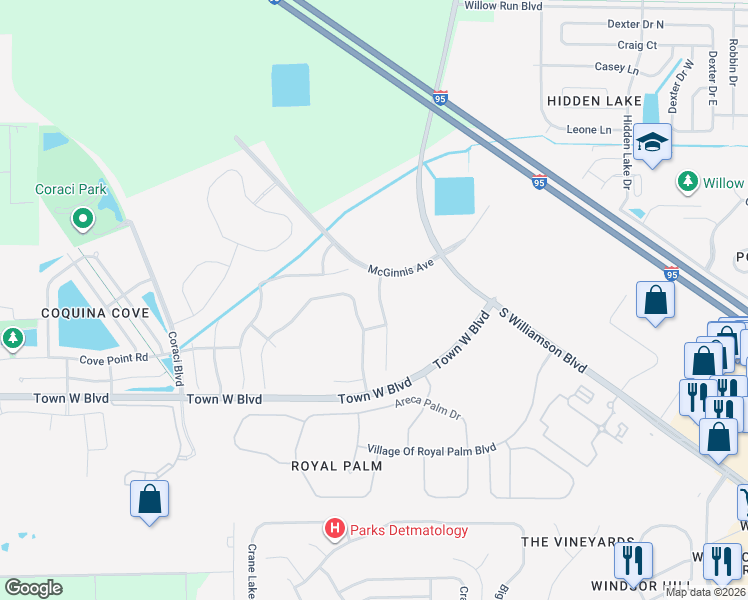 map of restaurants, bars, coffee shops, grocery stores, and more near 5309 Plantation Home Way in Port Orange
