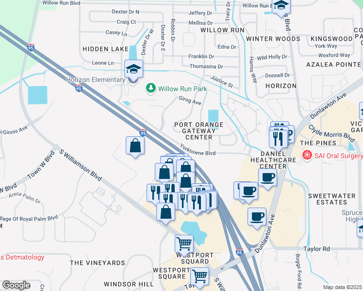 map of restaurants, bars, coffee shops, grocery stores, and more near 3868 Yorktowne Boulevard in Port Orange