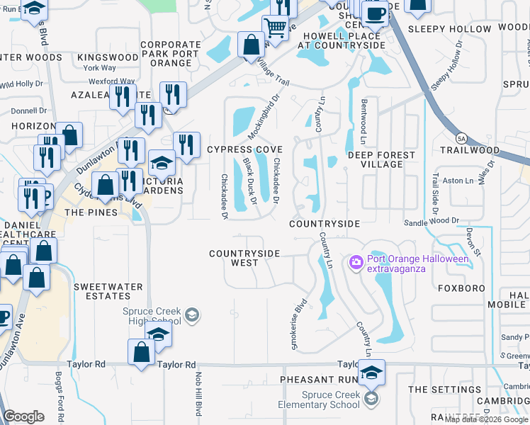 map of restaurants, bars, coffee shops, grocery stores, and more near 828 Black Duck Drive in Port Orange