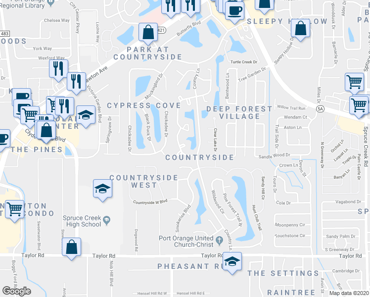 map of restaurants, bars, coffee shops, grocery stores, and more near 994 Breezemont Court in Port Orange