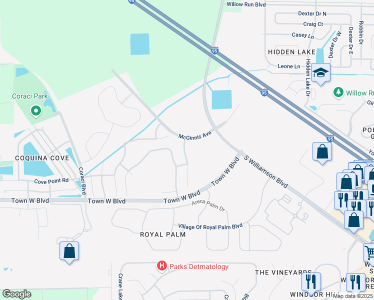 map of restaurants, bars, coffee shops, grocery stores, and more near 5307 Georgia Peach Avenue in Port Orange