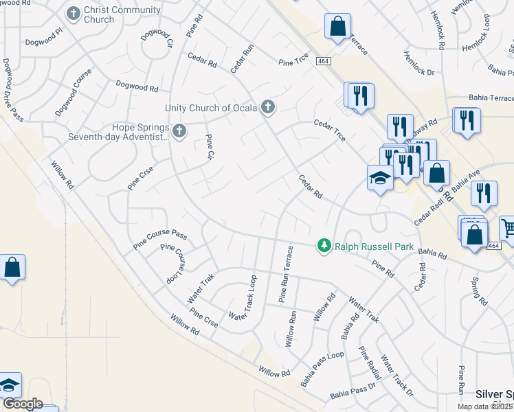 map of restaurants, bars, coffee shops, grocery stores, and more near 11 Pine Course Drive in Ocala