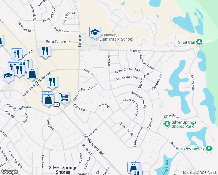 map of restaurants, bars, coffee shops, grocery stores, and more near 248 Bahia Circle in Ocala
