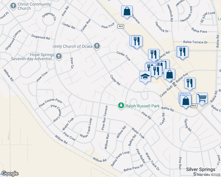 map of restaurants, bars, coffee shops, grocery stores, and more near 4 Pine Course Way in Ocala