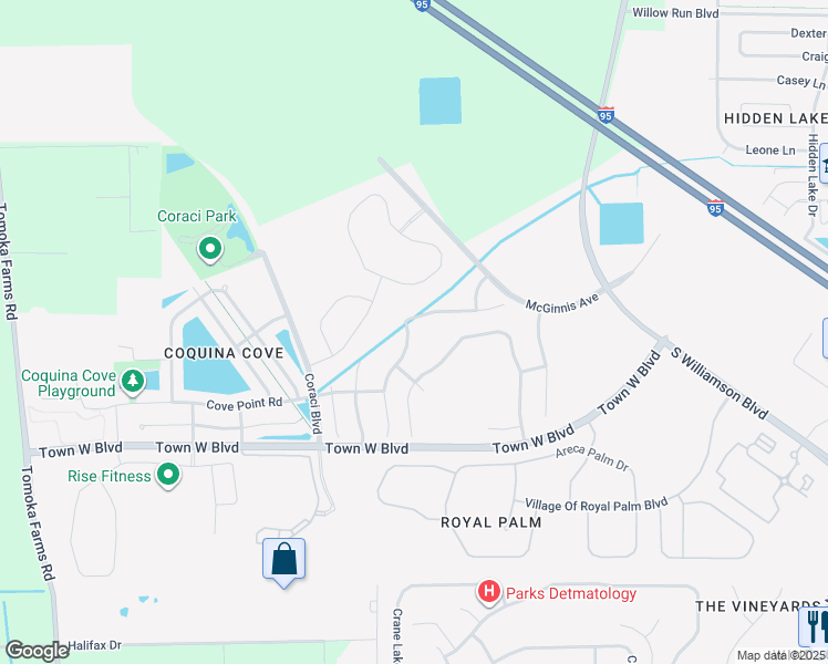 map of restaurants, bars, coffee shops, grocery stores, and more near 5305 Peach Blossom Boulevard in Port Orange