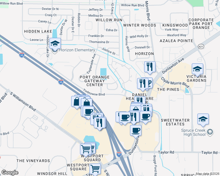 map of restaurants, bars, coffee shops, grocery stores, and more near 3842 Calliope Avenue in Port Orange