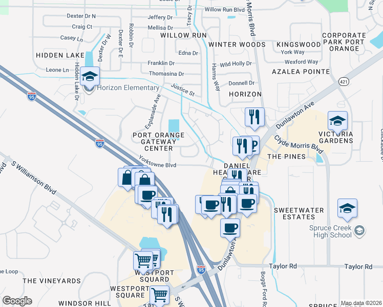 map of restaurants, bars, coffee shops, grocery stores, and more near 3842 Calliope Avenue in Port Orange