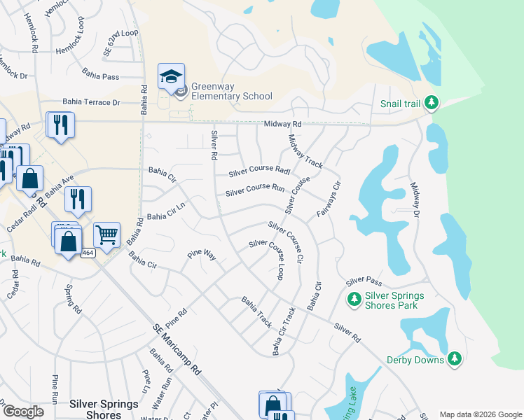 map of restaurants, bars, coffee shops, grocery stores, and more near 315 Bahia Circle in Ocala