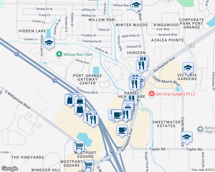 map of restaurants, bars, coffee shops, grocery stores, and more near 3840 Calliope Avenue in Port Orange