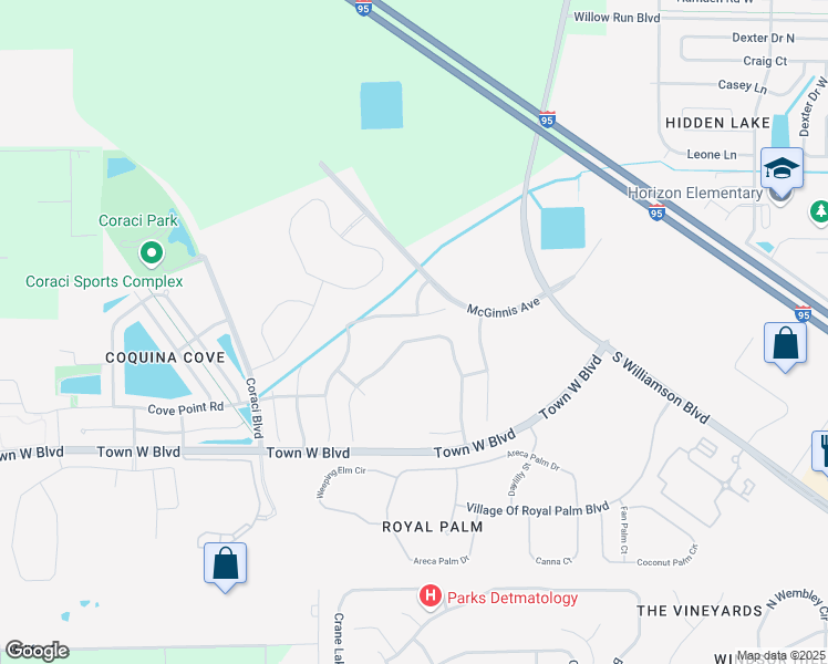 map of restaurants, bars, coffee shops, grocery stores, and more near 5291 Plantation Home Way in Port Orange