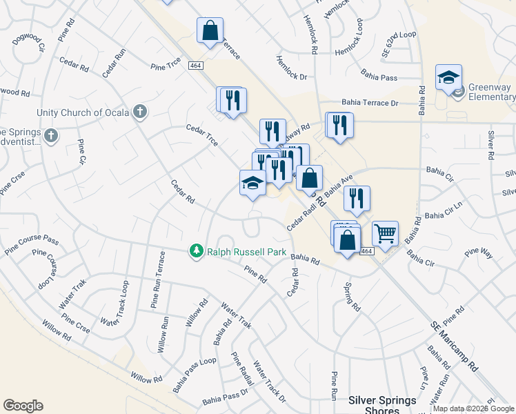 map of restaurants, bars, coffee shops, grocery stores, and more near 39 Cedar Road in Ocala