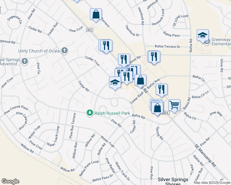 map of restaurants, bars, coffee shops, grocery stores, and more near 39 Cedar Road in Ocala