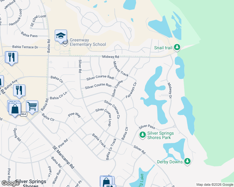 map of restaurants, bars, coffee shops, grocery stores, and more near 323 Bahia Circle in Ocala