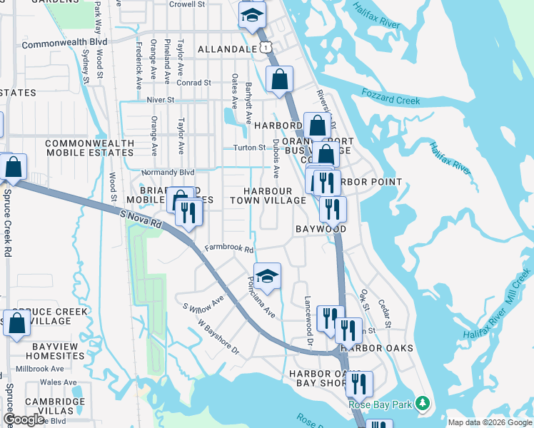 map of restaurants, bars, coffee shops, grocery stores, and more near 5450 Landis Avenue in Port Orange