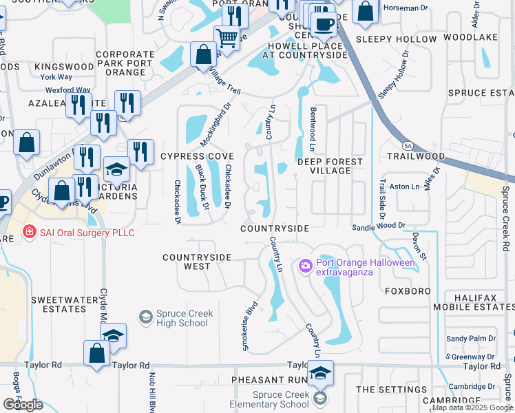 map of restaurants, bars, coffee shops, grocery stores, and more near 994 Breezemont Court in Port Orange