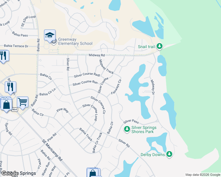 map of restaurants, bars, coffee shops, grocery stores, and more near 510 Bahia Circle in Ocala