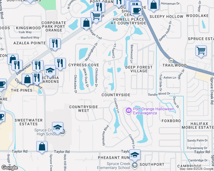 map of restaurants, bars, coffee shops, grocery stores, and more near 994 Breezemont Court in Port Orange