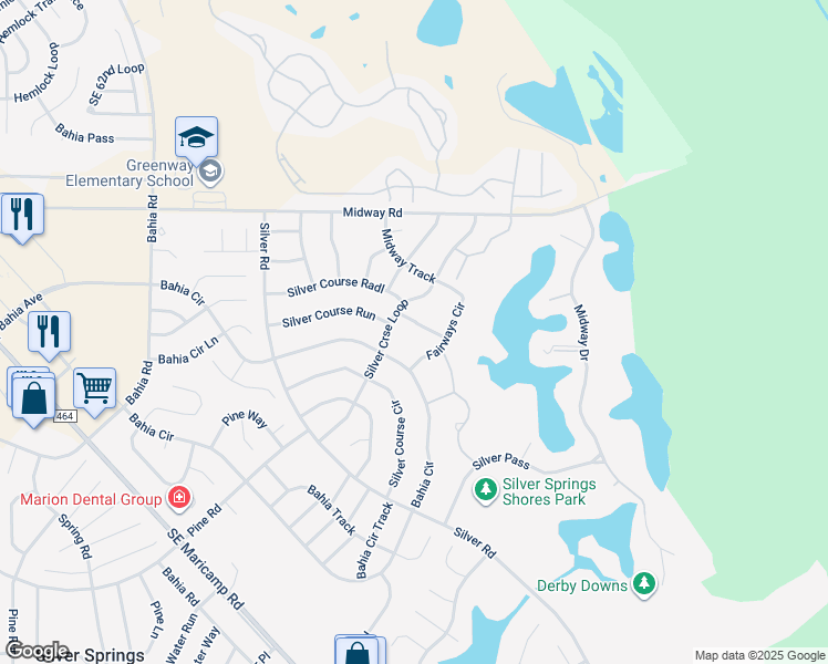 map of restaurants, bars, coffee shops, grocery stores, and more near 505 Fairways Lane in Ocala