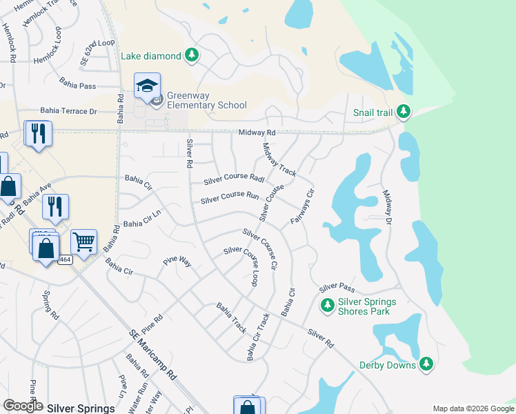 map of restaurants, bars, coffee shops, grocery stores, and more near 323 Bahia Circle in Ocala