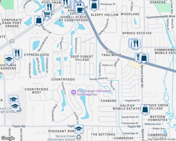 map of restaurants, bars, coffee shops, grocery stores, and more near 981 Bramble Bush Circle East in Port Orange