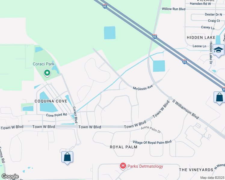 map of restaurants, bars, coffee shops, grocery stores, and more near Savannah Lane in Port Orange