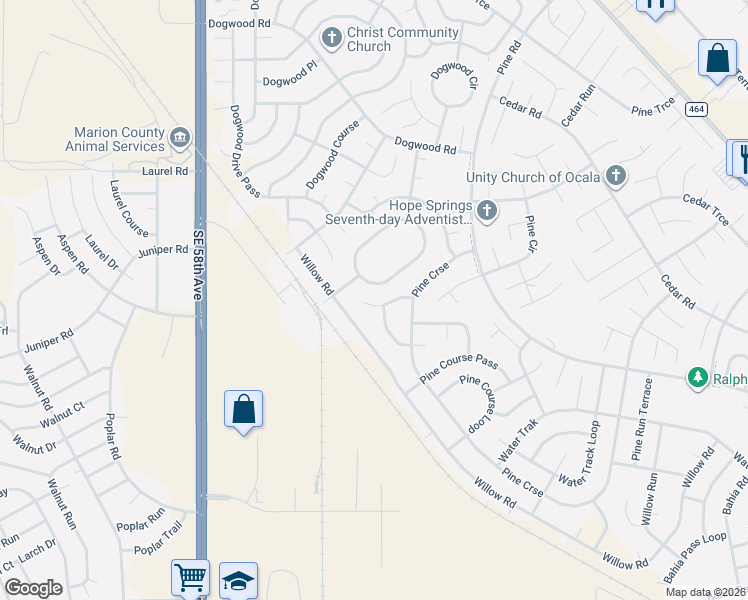 map of restaurants, bars, coffee shops, grocery stores, and more near 59 Dogwood Loop in Ocala