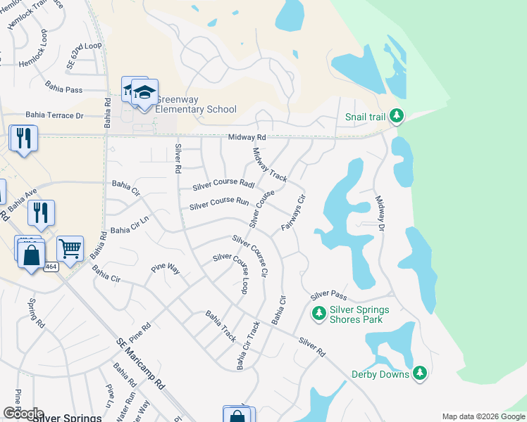 map of restaurants, bars, coffee shops, grocery stores, and more near 572 Fairways Lane in Ocala