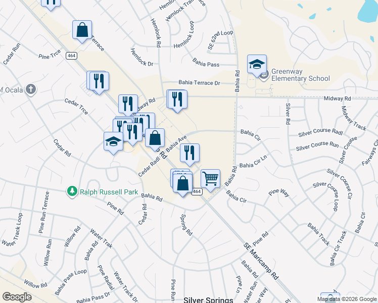 map of restaurants, bars, coffee shops, grocery stores, and more near 34 Bahia Avenue in Ocala