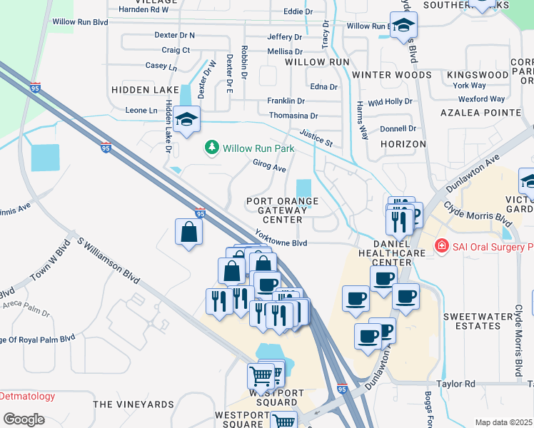 map of restaurants, bars, coffee shops, grocery stores, and more near 3886 Esplanade Avenue in Port Orange