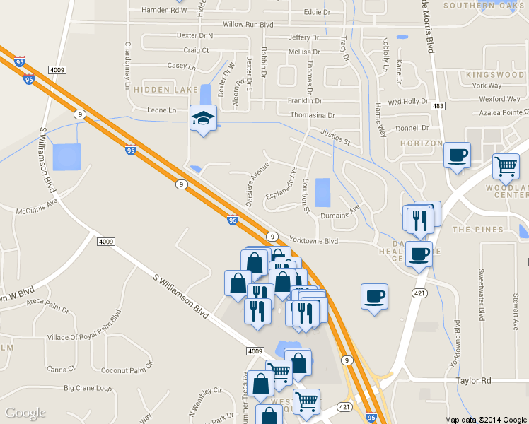map of restaurants, bars, coffee shops, grocery stores, and more near 3870 Esplanade Ave in Port Orange